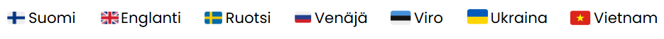 Kielivalikko, jossa Suomen, Englannin, Ruotsin, Venäjän, Viron, Ukrainan ja Vietnamin liput.