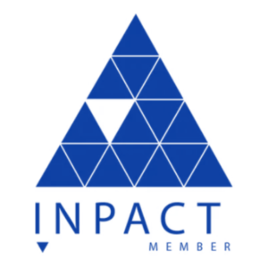 INPACT Member -logo, sininen kolmio, jossa geometrisia kuvioita.